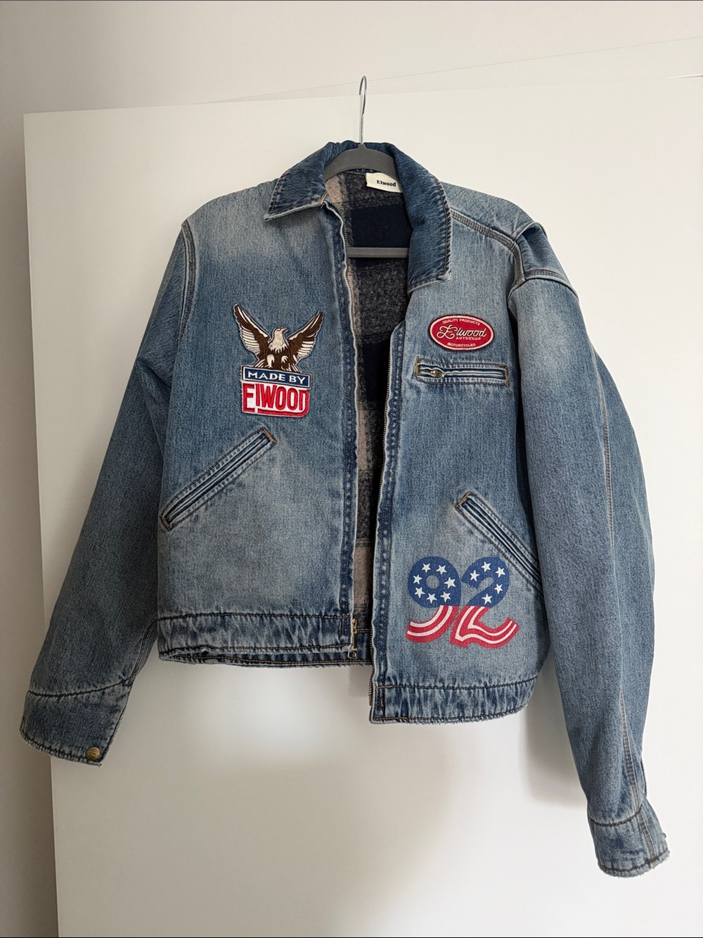 Elwood Embroidered Blue Denim Patch Jacket — Classic Jean Coat